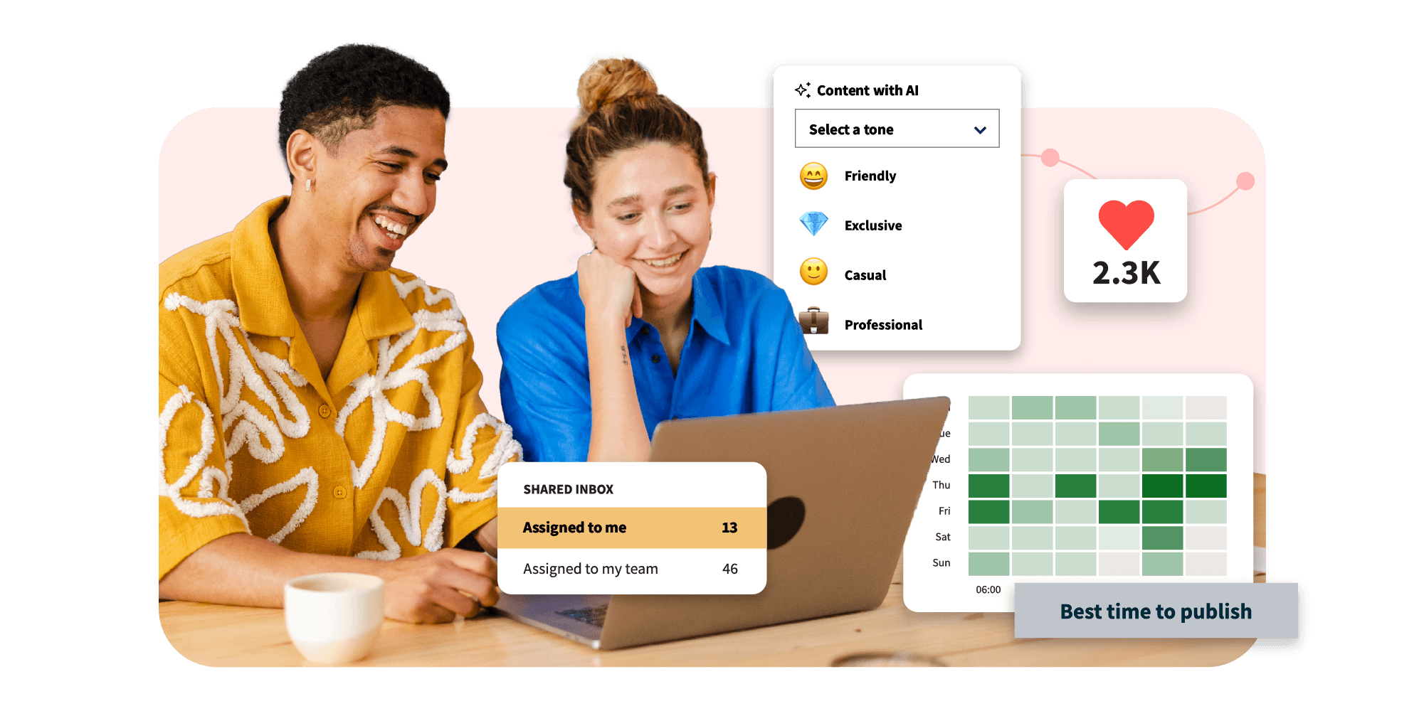 A man and woman are really enjoying using their laptop. Screenshots of various Hootsuite tools are superimposed on the image.