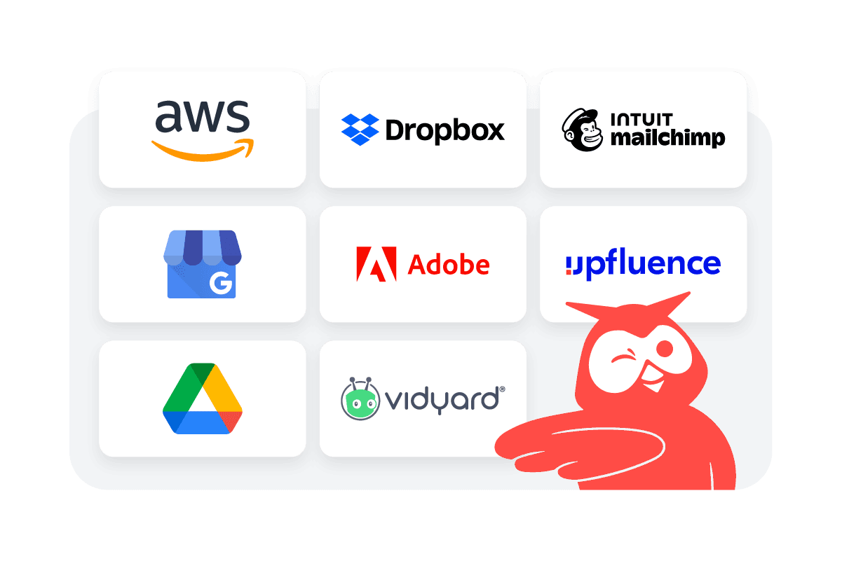 Hootsuite's mascot, Owly, winking in front of several company logos, like Amazon Web Services, Dropbox, Adobe, and upfluence.