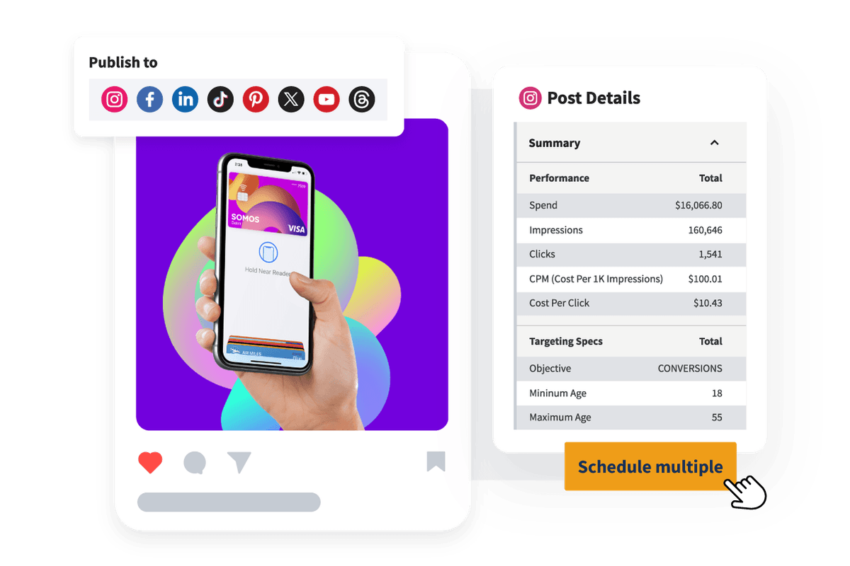 Sample Instagram post details example, including spend, impressions, clicks and CPM data.