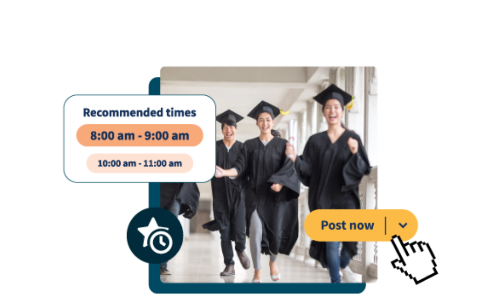 Hootsuite product shot with students in their graduation gowns in the background