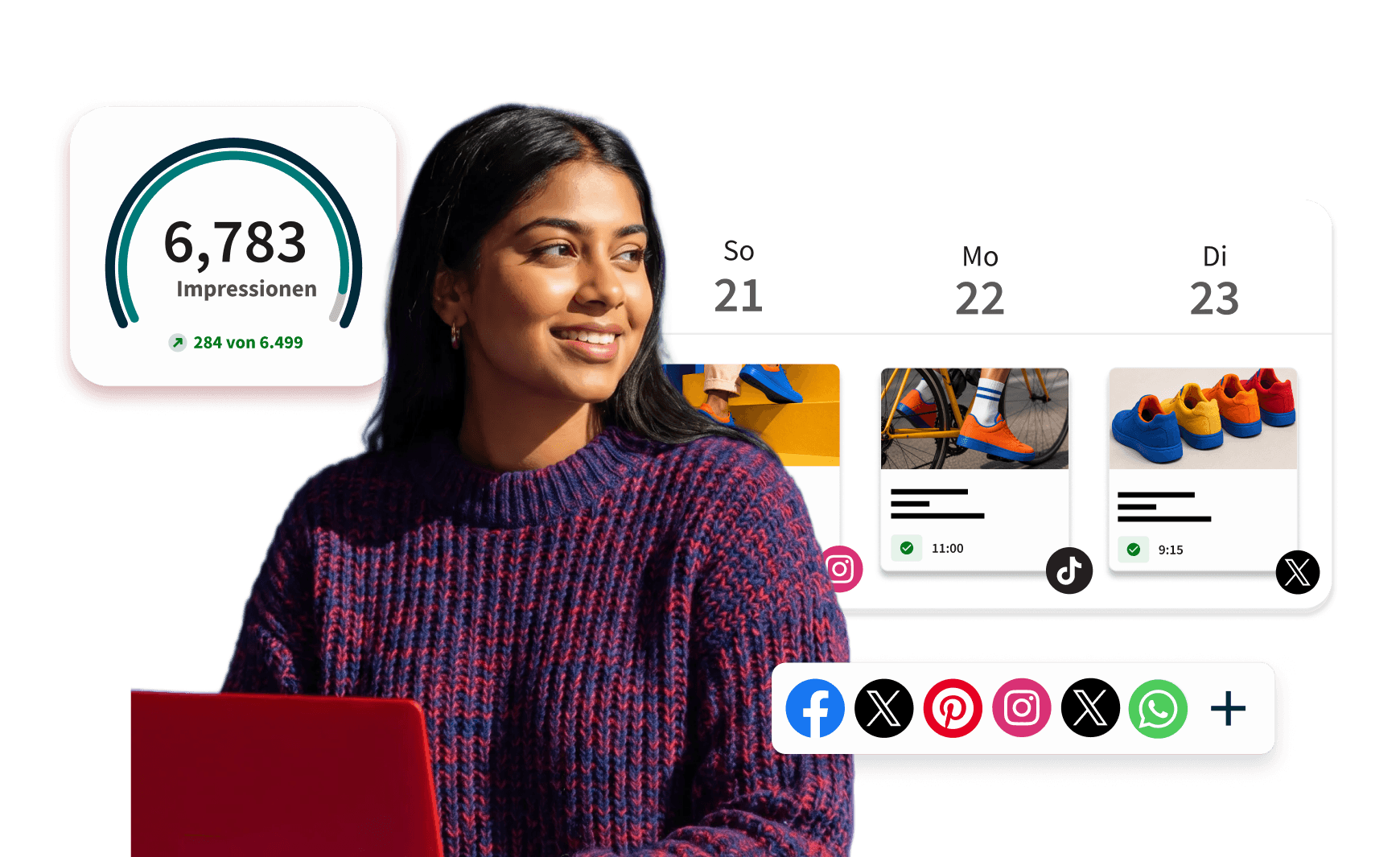 Frau vor dem Hootsuite-Dashboard mit Schnellsuche, Autoren, Stimmung, Interaktion