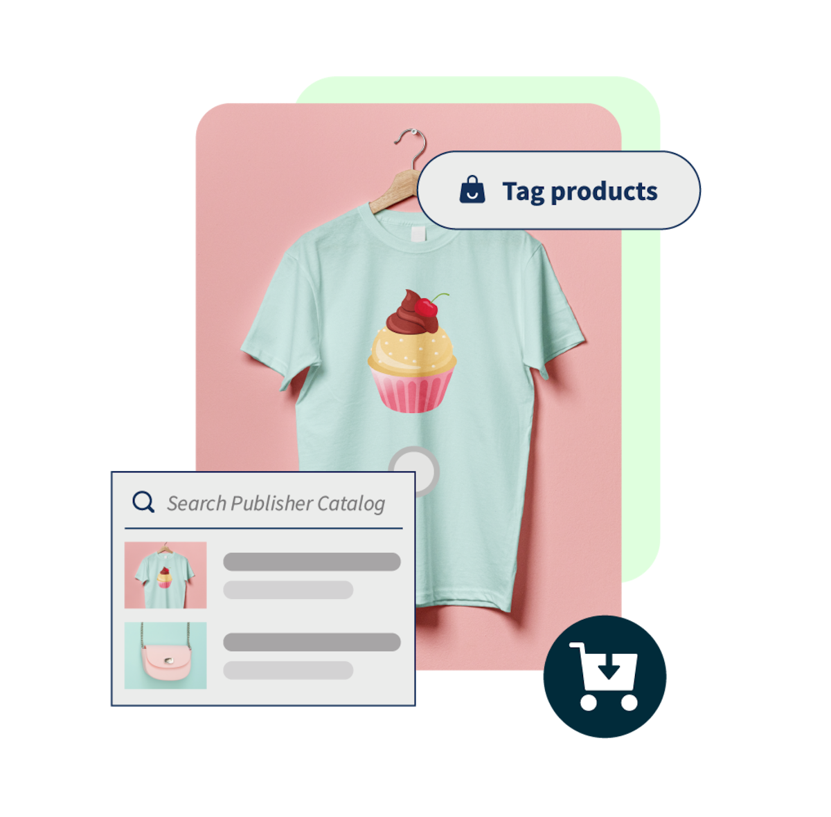 T-shirt con la foto di un cupcake, accanto al pulsante &quot;tagga i prodotti&quot;