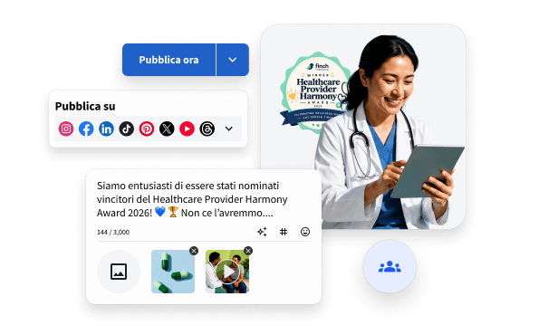 Grafico che mostra un post sui social media con interazioni, like e tag