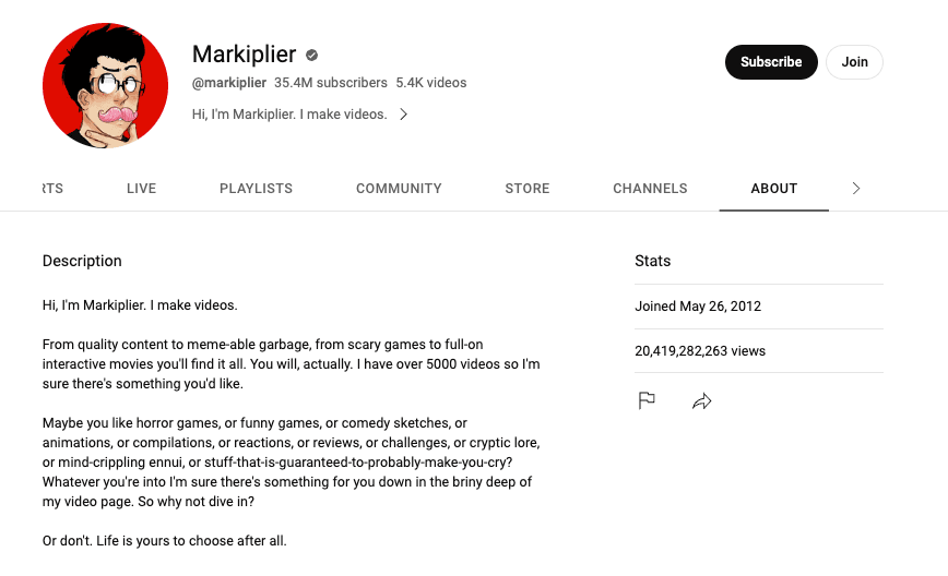 Markiplier channel description on youtube