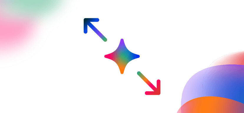 A colorful gradient star shape centered between two diagonal arrows pointing outward, on a white background with soft color blobs.