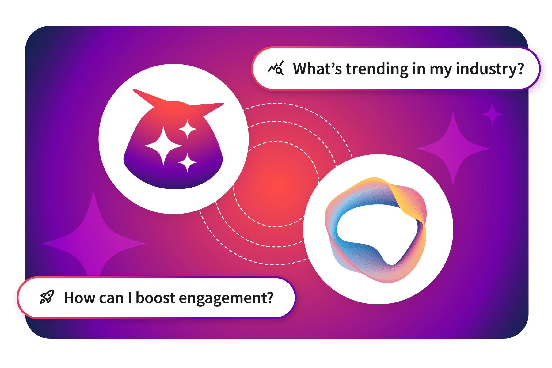 Grafik mit zwei Symbolen mit Fragen zu Branchentrends und Engagement auf einem Hintergrund mit violettem Farbverlauf