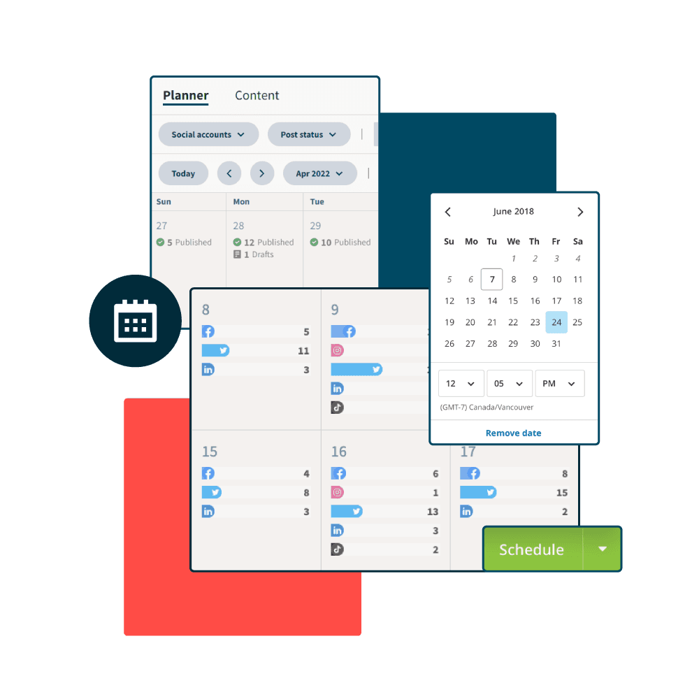 A screenshot of the Hootsuite dashboard that shows the calendar and schedule.