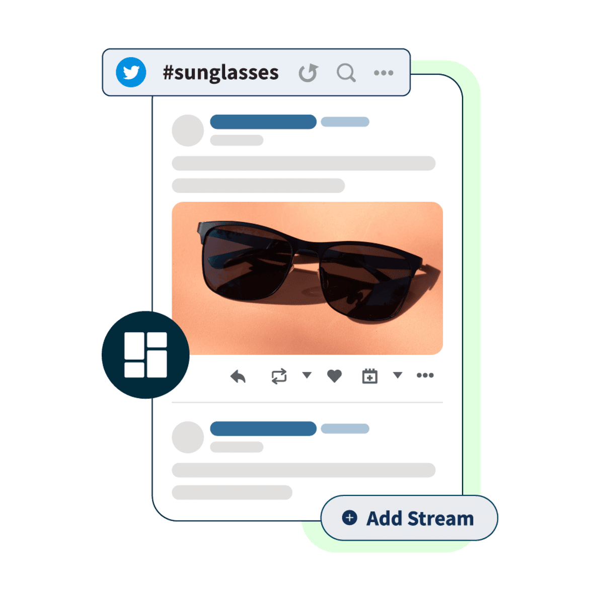 Twitter post of sunglasses with sunglasses hashtag and add stream pop-up