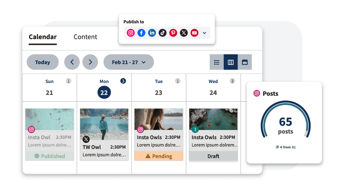 Hootsuite-Social-Media-Kalenderoberfläche mit geplanten Beiträgen, Statusbezeichnungen und Symbolen der Veröffentlichungsplattformen.