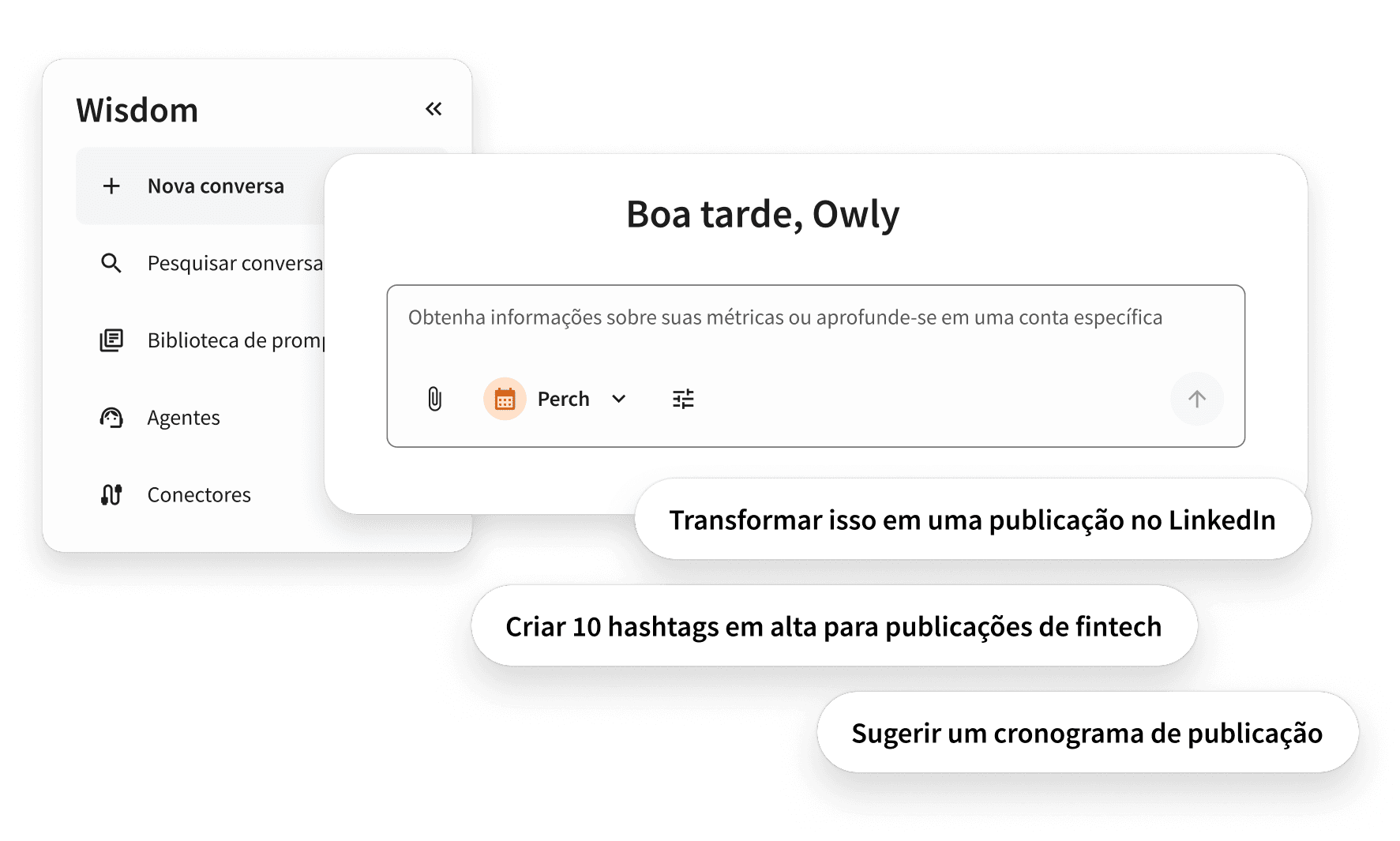 A chat interface called Wisdom showing AI prompt suggestions for LinkedIn posts, hashtags, and posting schedules.