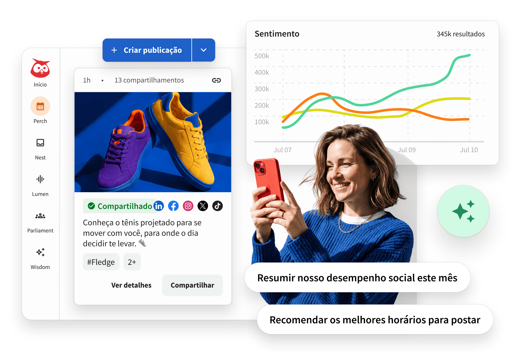A woman smiles at her phone beside Hootsuite dashboard screens showing a sneaker post, sentiment analytics chart, and AI prompts.