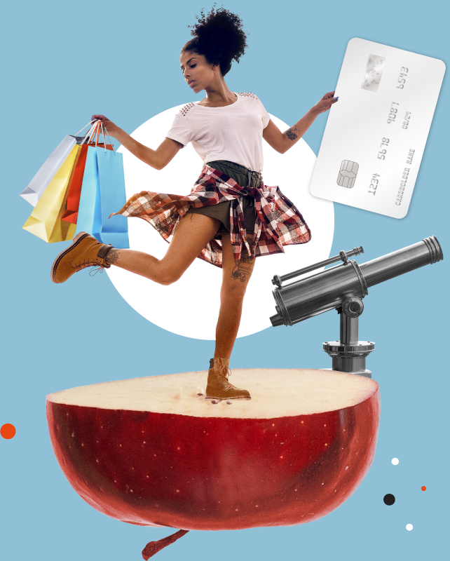 Collage of a woman standing on an apple and holding a large credit card and shopping bags