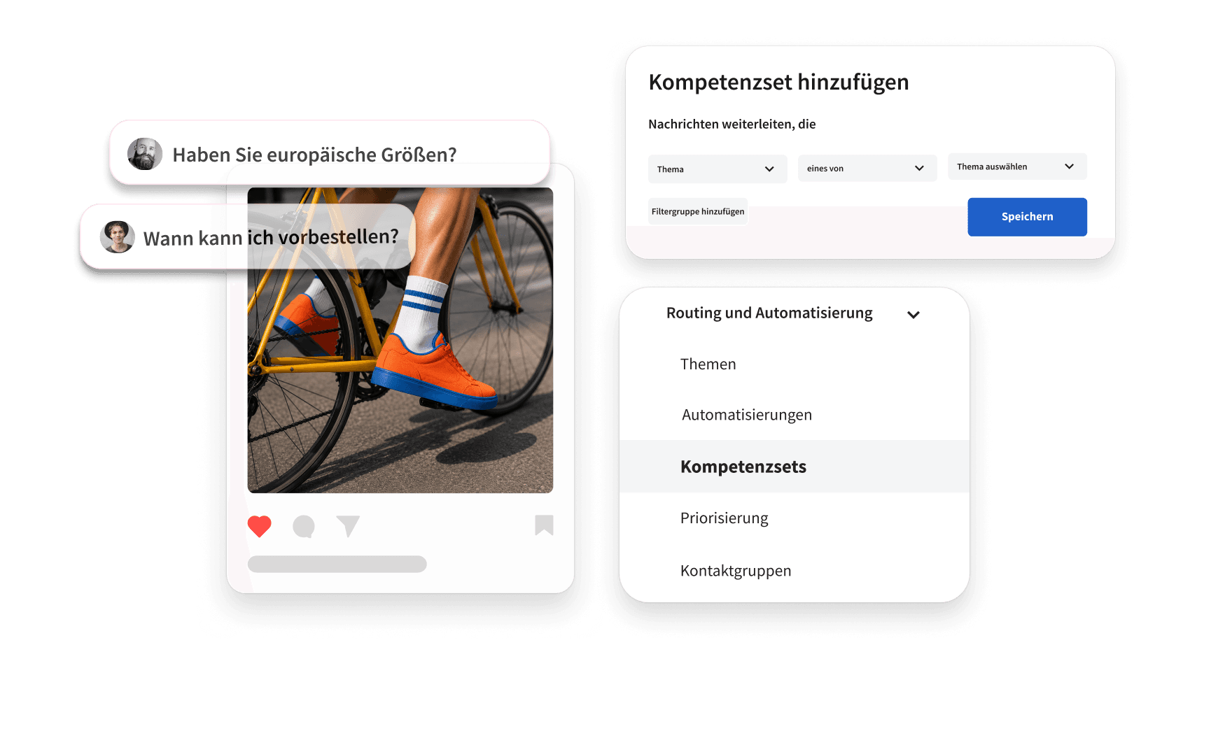 UI showing customer chat messages, a cyclist photo, and a routing automation panel with skill set configuration options.