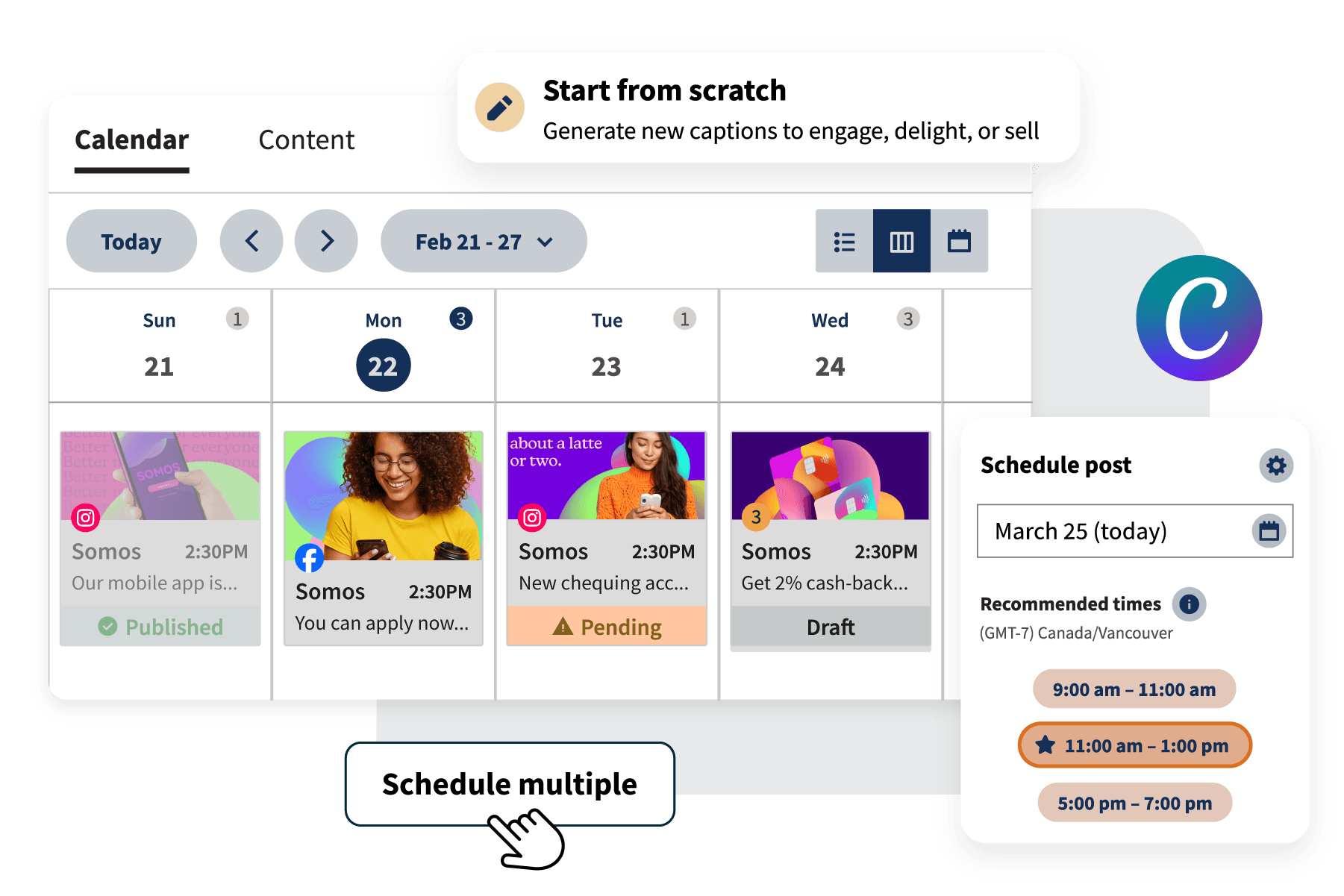 Hootsuite Publishing Dashboard mit mehreren Zeitplänen, Canva-Logo und mehr