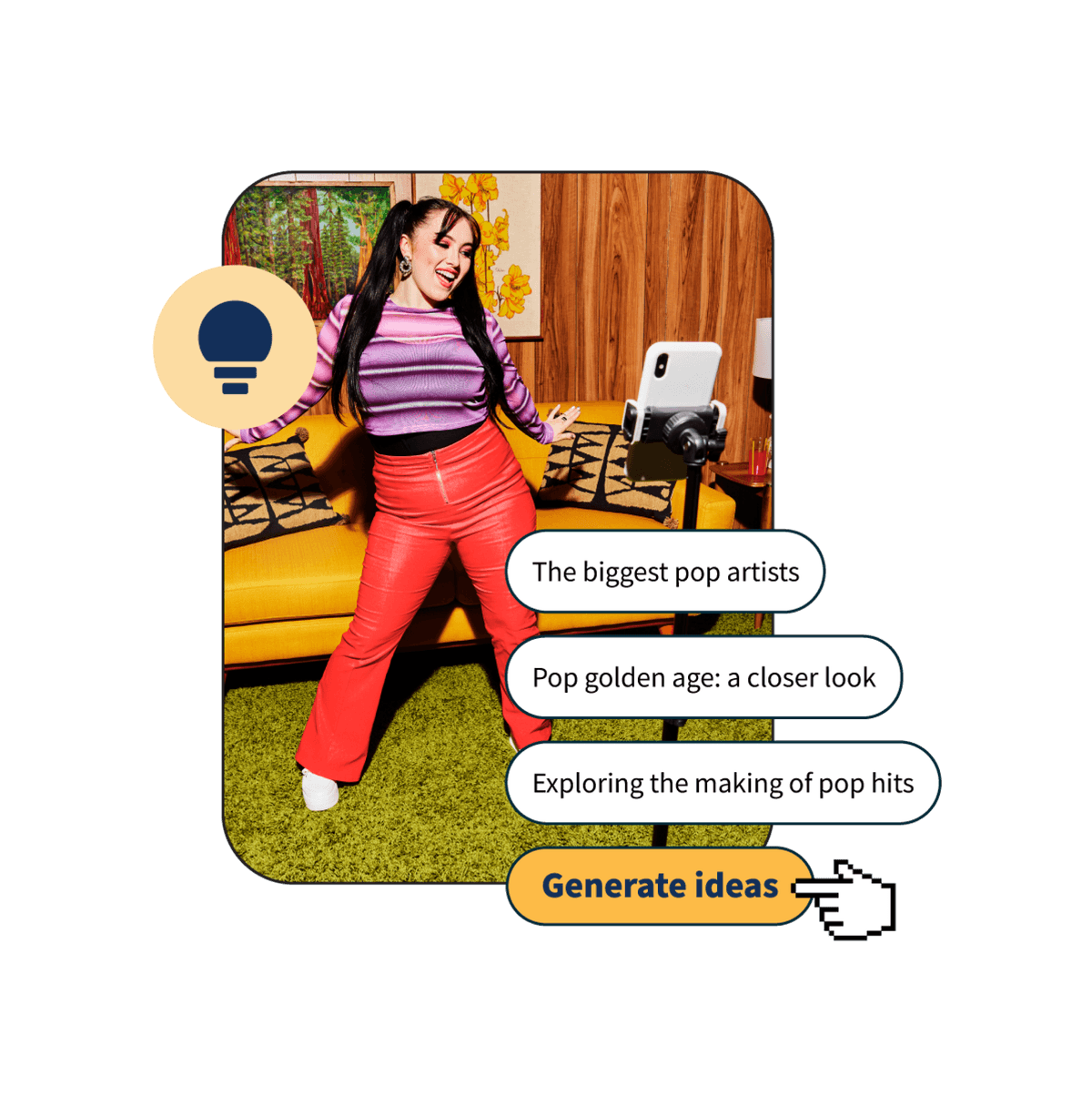 Influencer standing in front of camera with text depicting OwlyWriter AI content generator