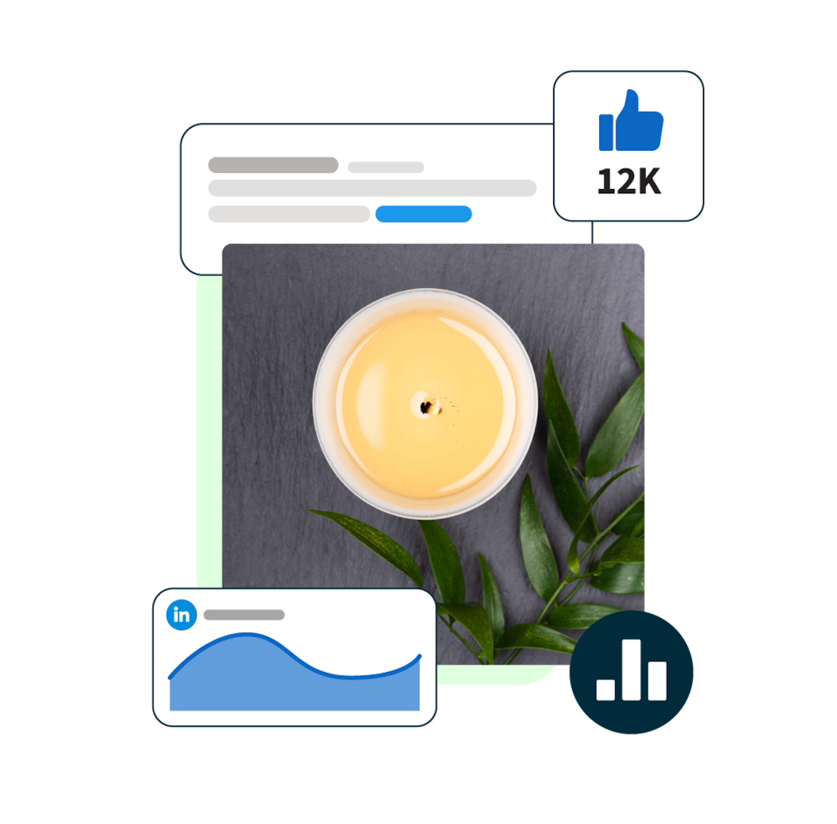 Imagen de una vela con ventanas emergentes de estadísticas de LinkedIn a su alrededor