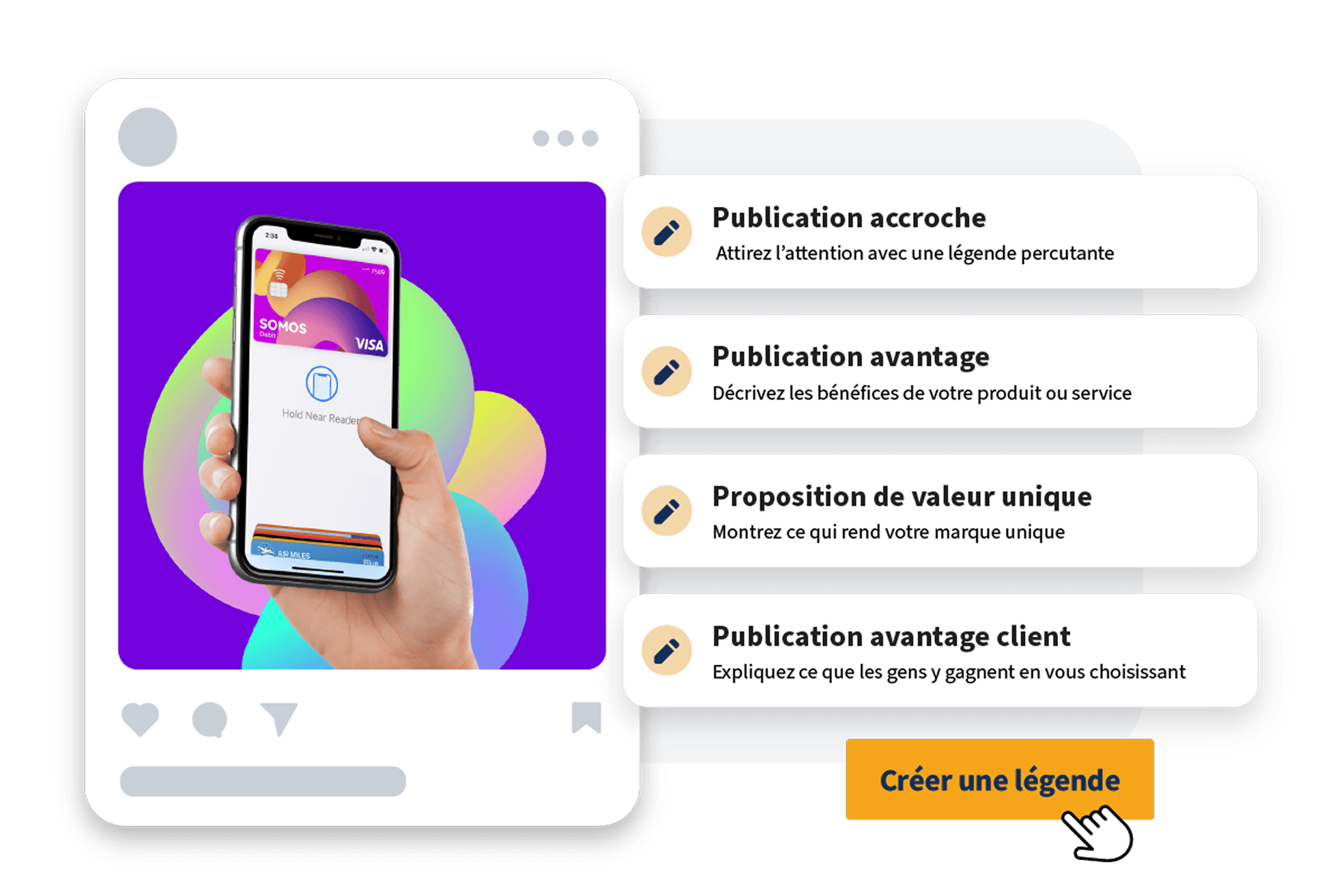OwlyWriter tool in Hoot suite showing a social media post with 'create caption' tool with copywriting formulas