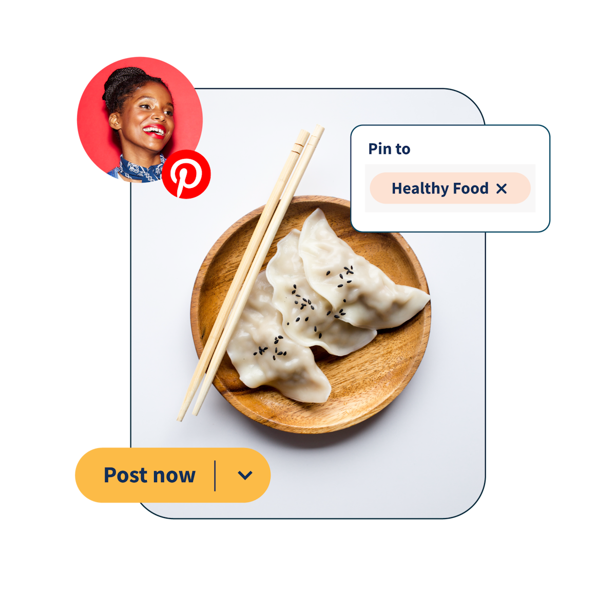 Foto de dumplings en un plato con 2 popups que dicen «pin a la comida sana» y «publica ahora»