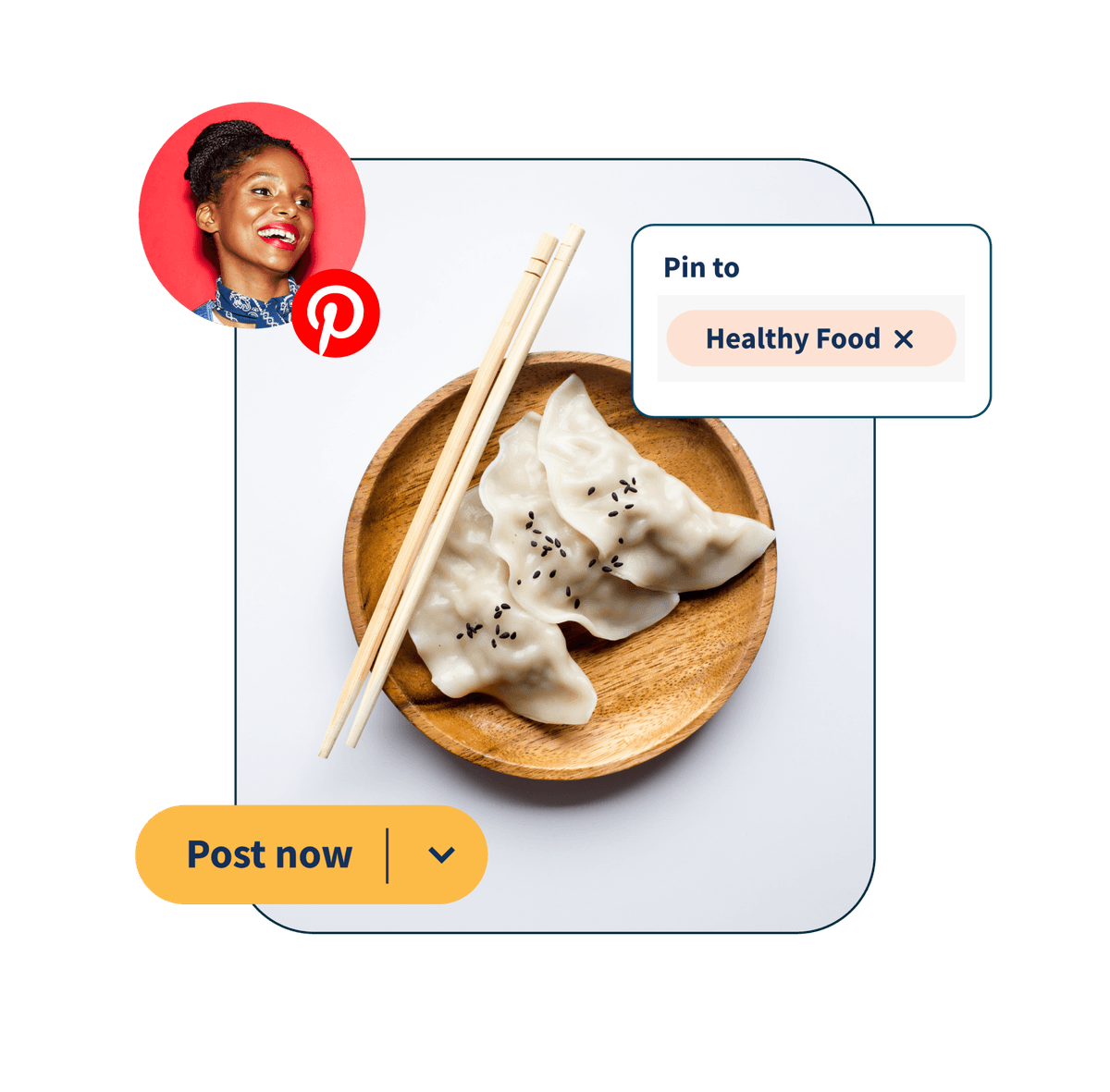 Foto de dumplings en un plato con 2 popups que dicen «pin a la comida sana» y «publica ahora»