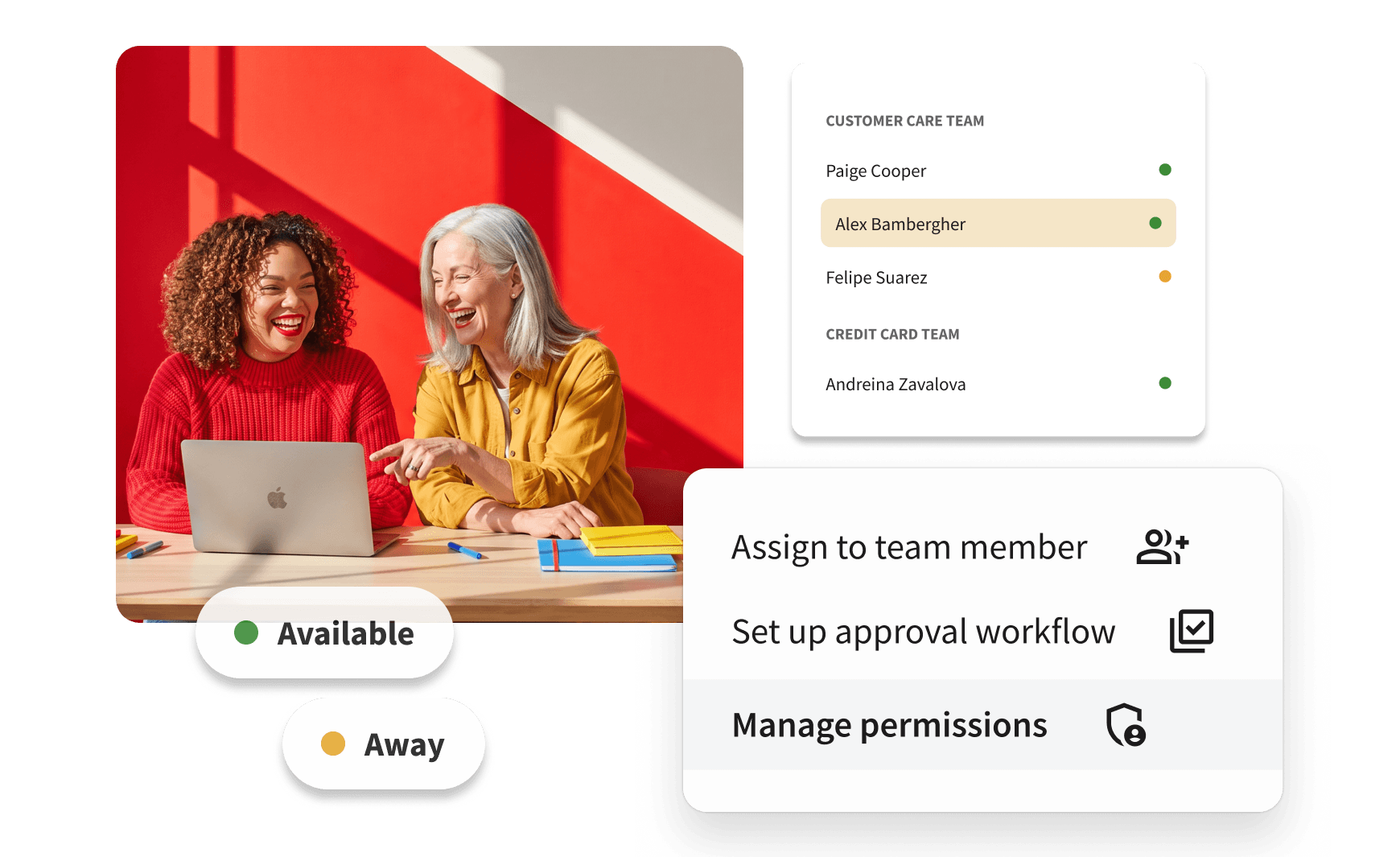 Staff availability dashboard showing Customer Care and Credit Card team members with green "Available" and yellow "Away" status indicators