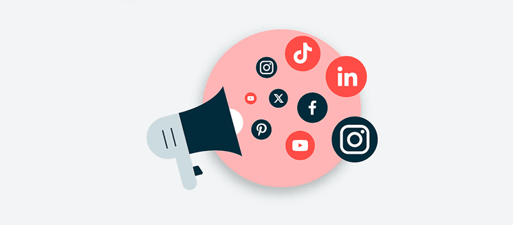 Megaphone with social media icons floating in a pink bubble, including Instagram, Facebook, YouTube, TikTok, and LinkedIn logos
