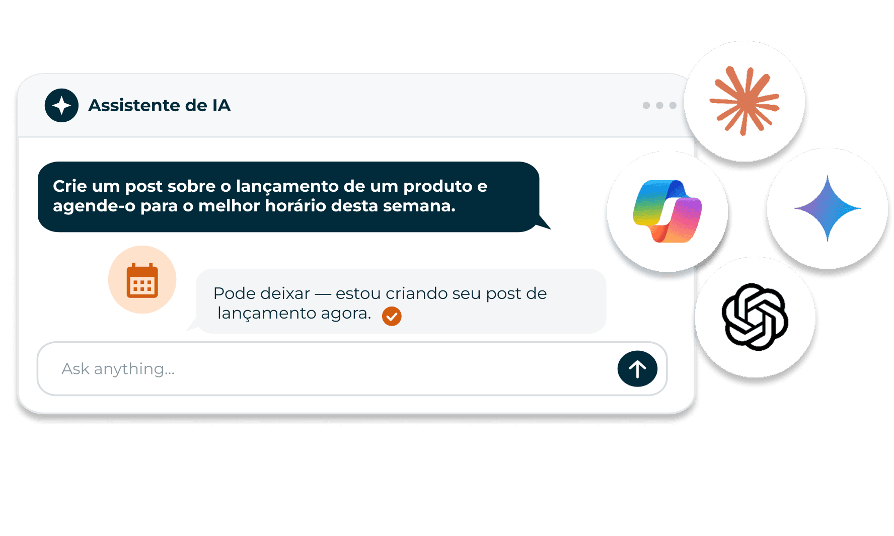 AI assistant chat interface drafting a product launch post, with AI tool logos including Claude, Copilot, and ChatGPT nearby.