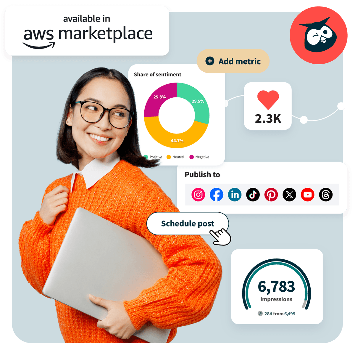 Woman on phone with AWS and Hootsuite logos