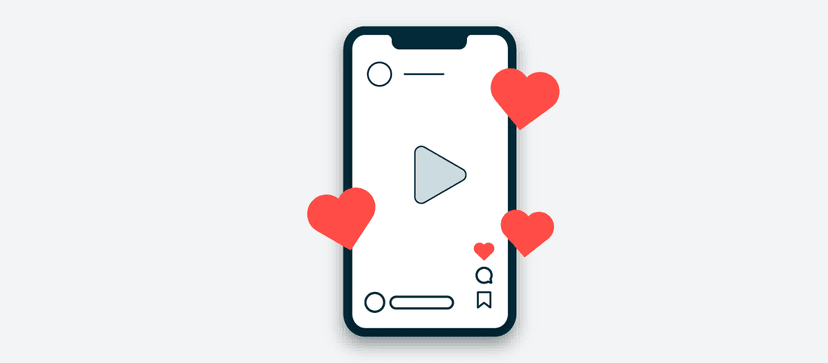 Illustration eines Smartphones, das eine Videoplayer-Oberfläche mit roten Herzsymbolen zeigt, die darum schweben