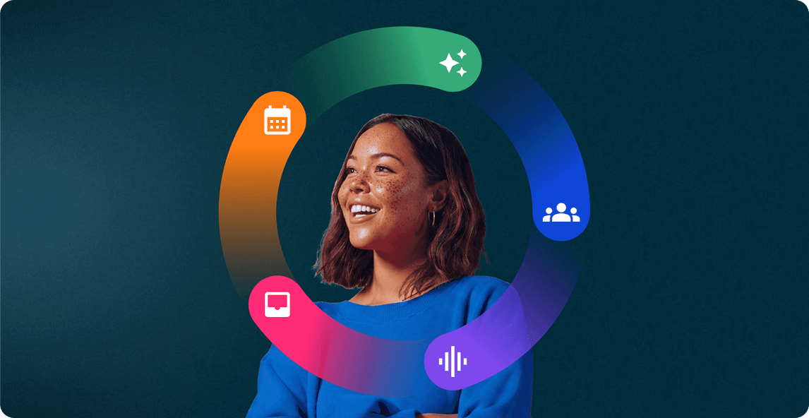 A smiling woman in a blue sweater surrounded by a colorful circular graphic with icons for calendar, team, audio, and screen sharing.