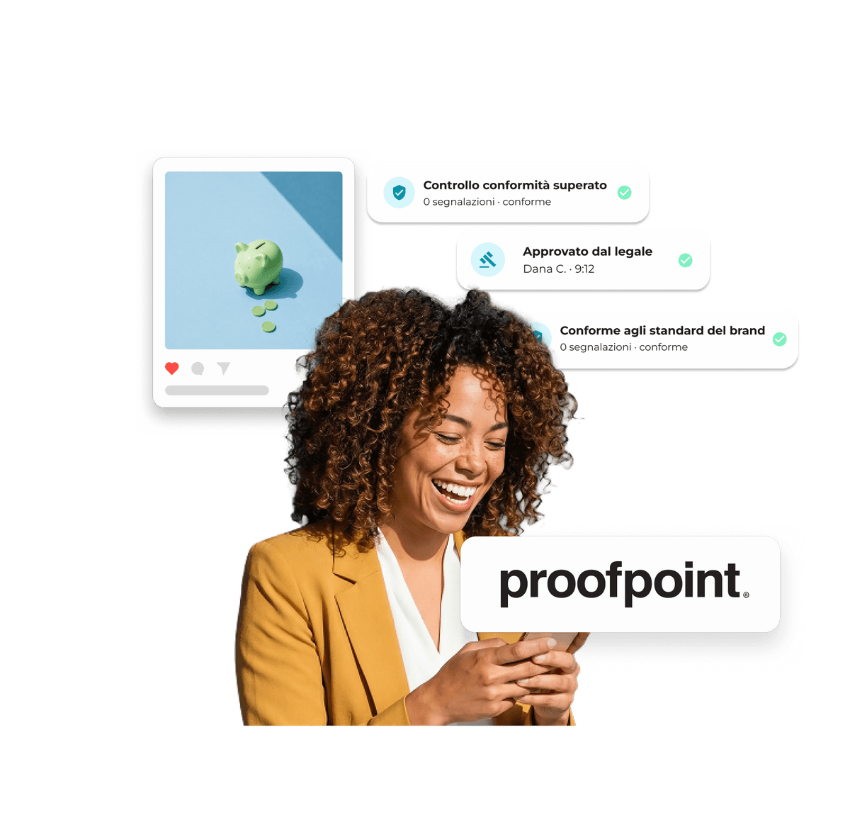 Post sui social media con il logo di Proofpoint e la procedura di approvazione