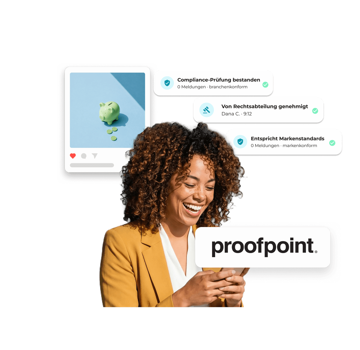Social-Media-Beitrag mit Proofpoint-Logo und Genehmigungsprozess