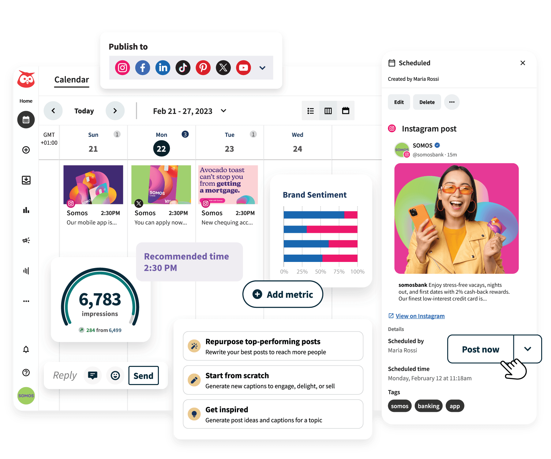 Hootsuite dashboard, with calendar, scheduled post and OwlyWriter AI tools