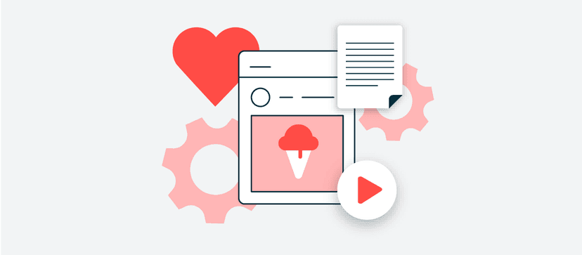 Illustration einer lächelnden Eule in einem Browserfenster mit Abspiel-Button, Bergfoto und Herzsymbol in Korallenrot