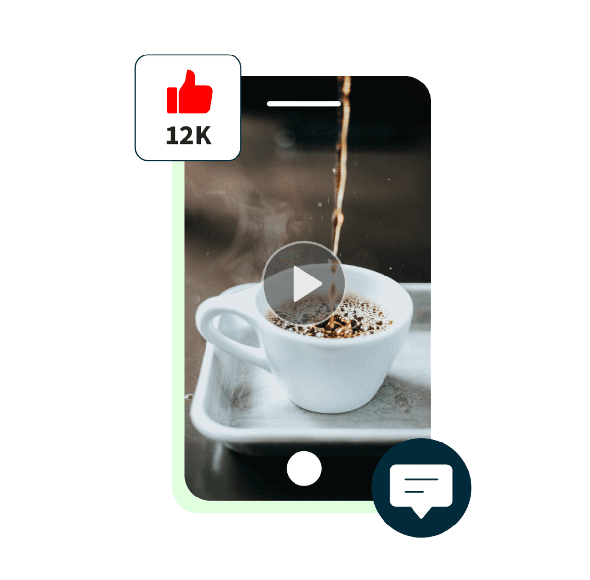 YouTube-Kurzvideo, auf dem ein Kaffee eingegossen wird, zusammen mit einem Pop-up mit 12.000 Likes