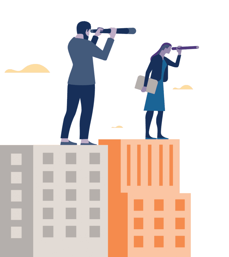 a graphic of a man and woman looking through binoculars on top of a building.