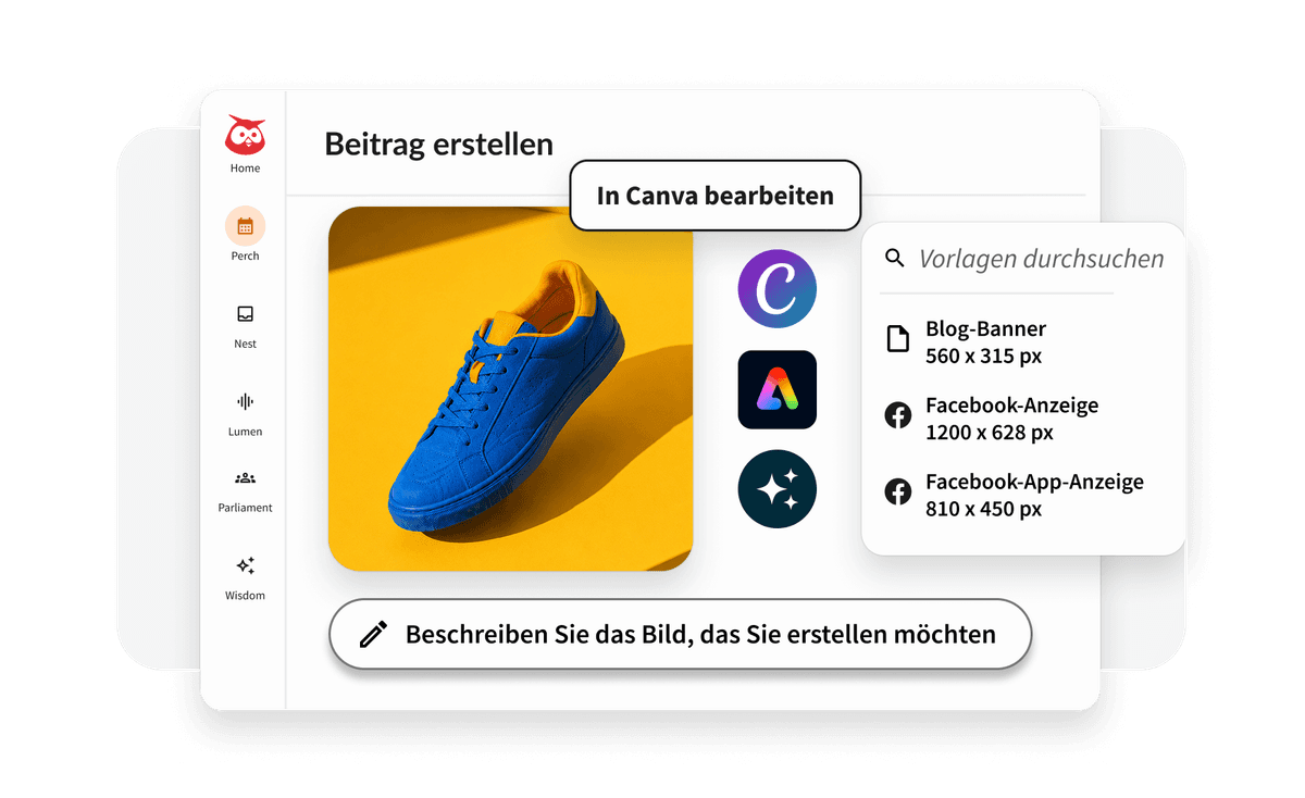 Hootsuite-Content-Kalender mit KI-Verfasser, Canva-Logo und den besten Zeiten zum Veröffentlichen