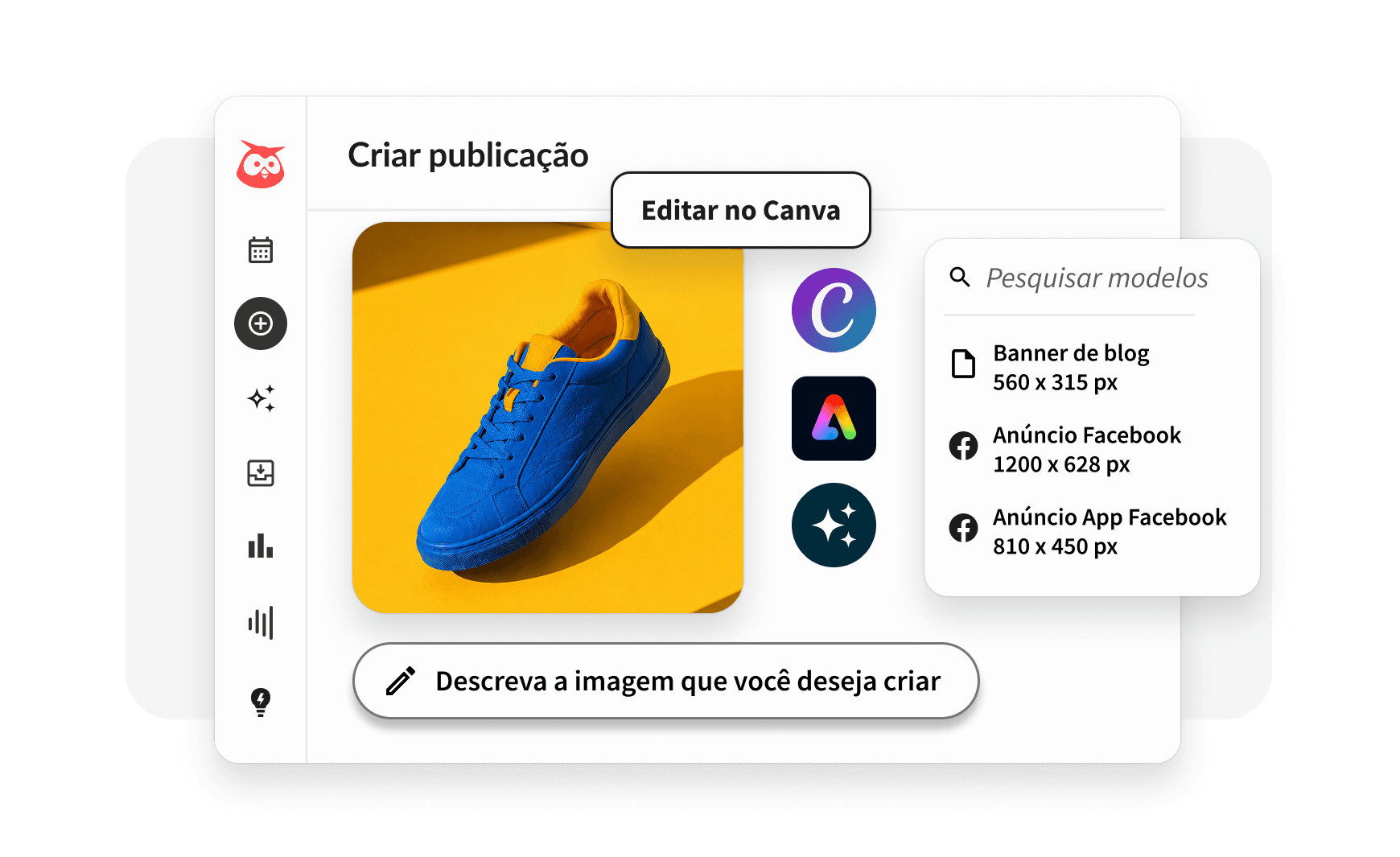 Modelos, biblioteca multimídia e ferramentas de publicação do Hootsuite Canva