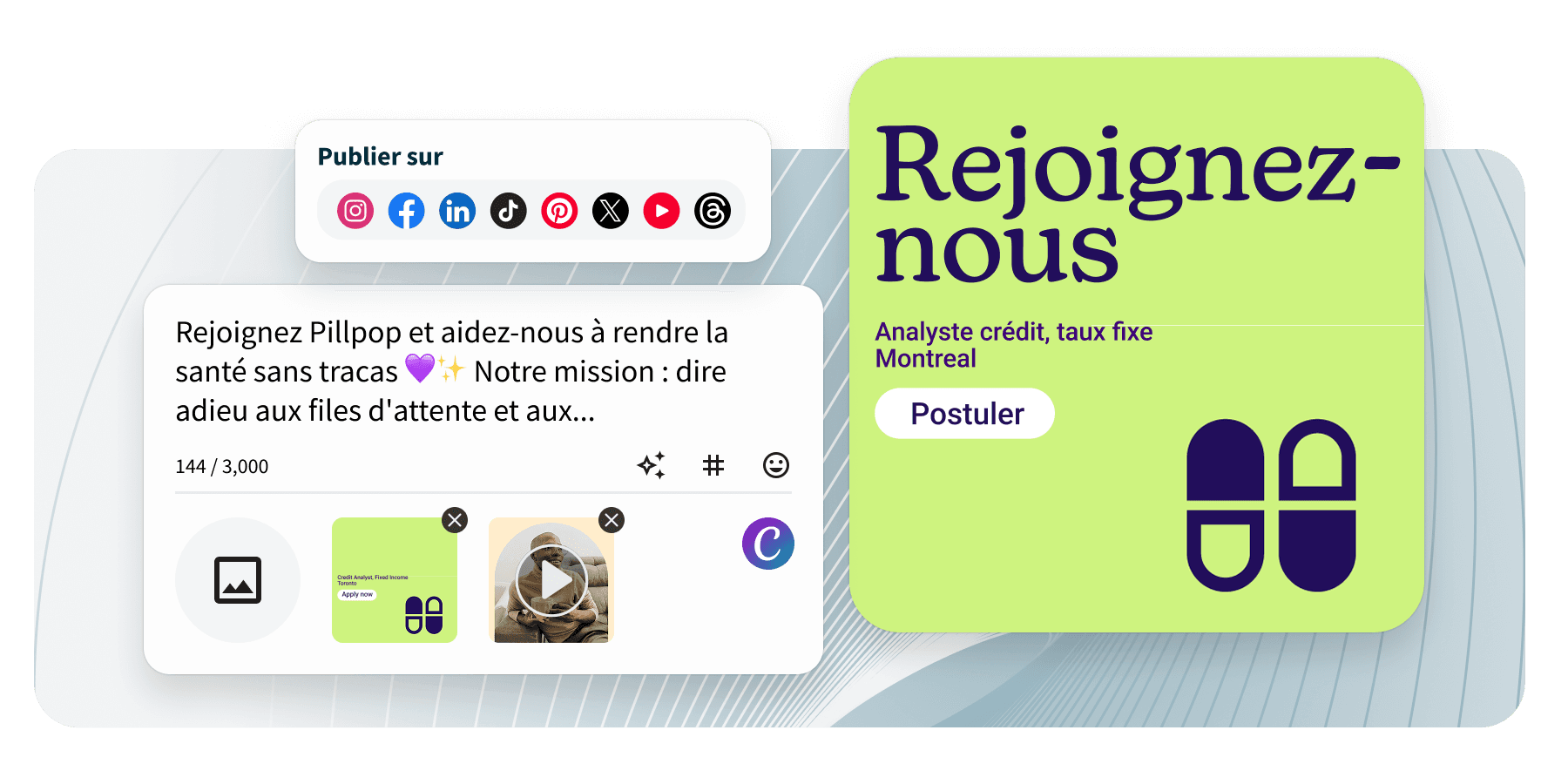 Social media publishing tool showing a post composer with platform icons and a green job ad card reading Join our team.
