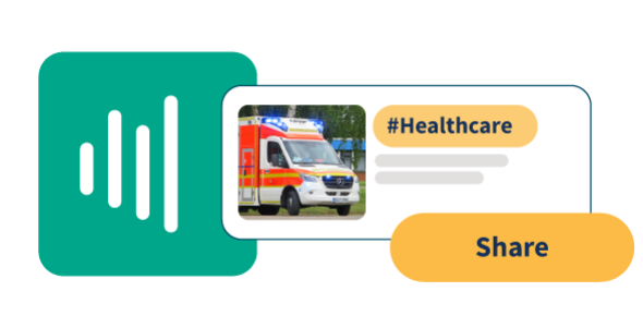 Imagem com ambulância e hashtag da área de saúde