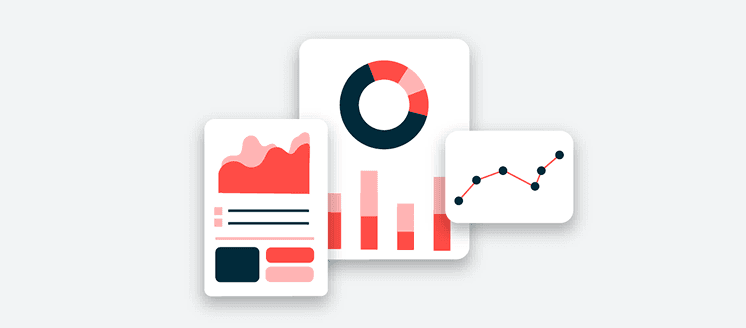 Overlapping business analytics cards showing graphs, charts and data visualizations in coral red and navy blue colors