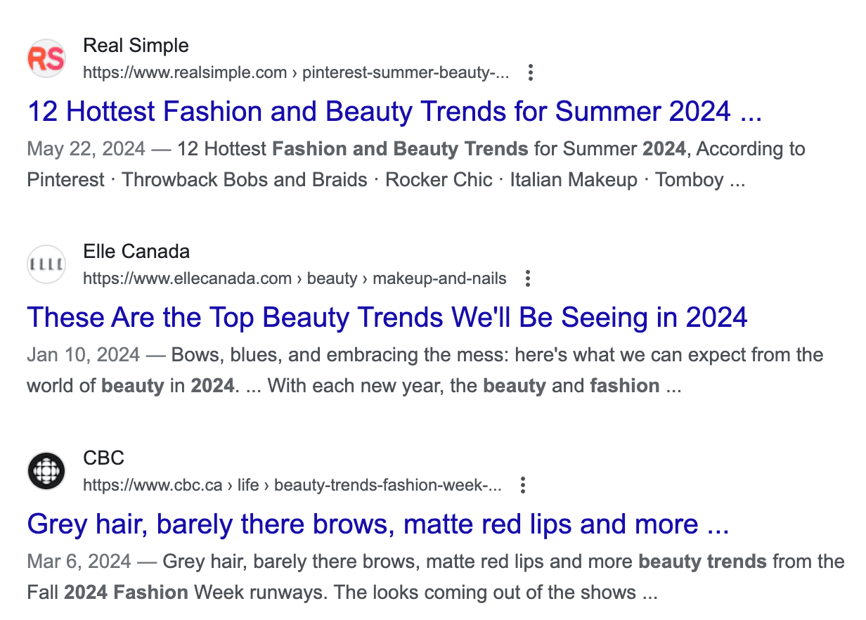 Screenshot der Google-Suchergebnisse für „Modetrends“