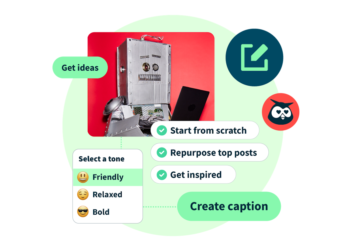 Robot graphic showing Hootsuite's OwlyWriter AI features