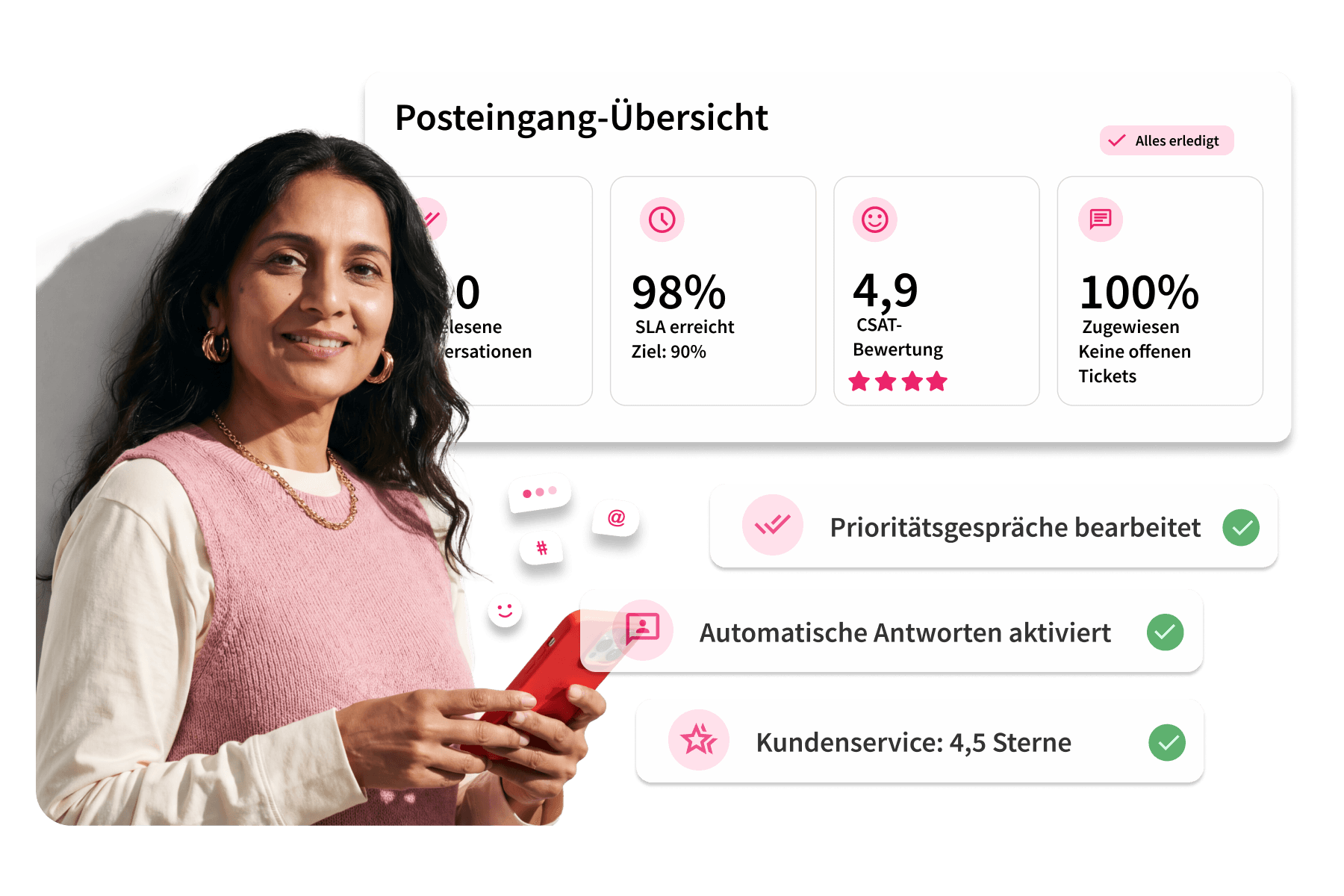 Hootsuite Dashboard mit Inbox- und Nachrichtenfunktionen, dazu eine Frau, die auf ihr Smartphone schaut