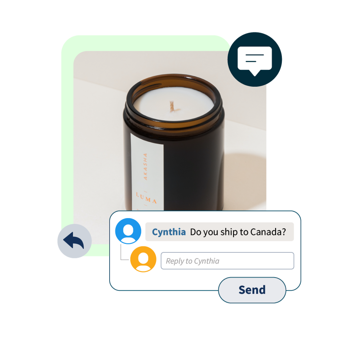 Image of a candle with a message pop-up saying "do you ship to canada?"
