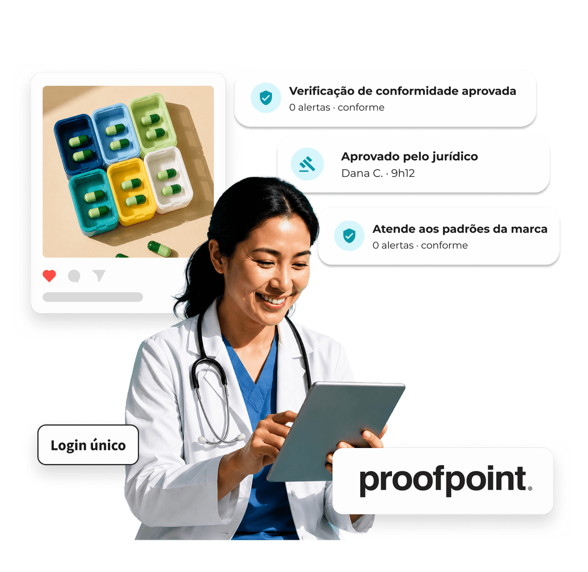 A smiling doctor holds a tablet, surrounded by compliance check notifications and the Proofpoint logo, indicating content approval.