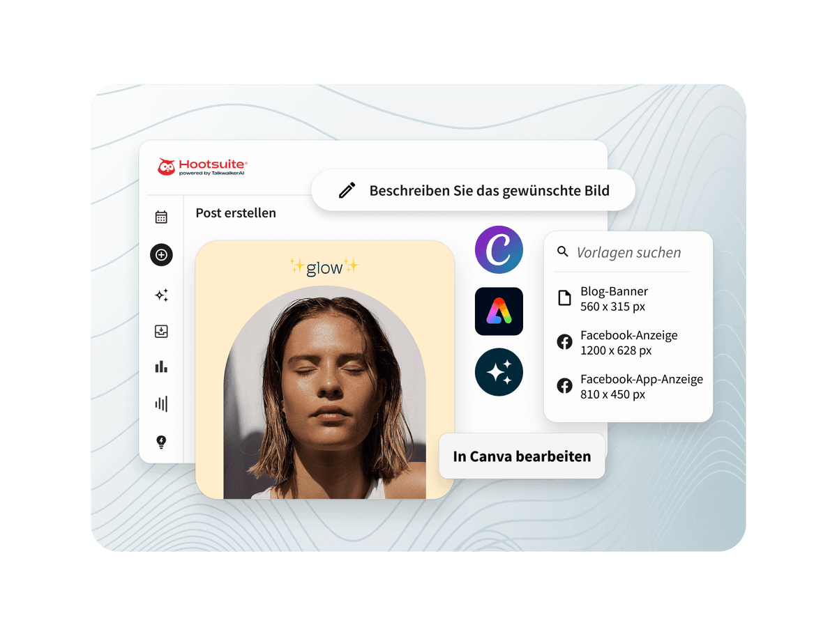 Hootsuite dashboard showing a post creation interface with a woman's photo, Canva editing option, and social media ad templates.