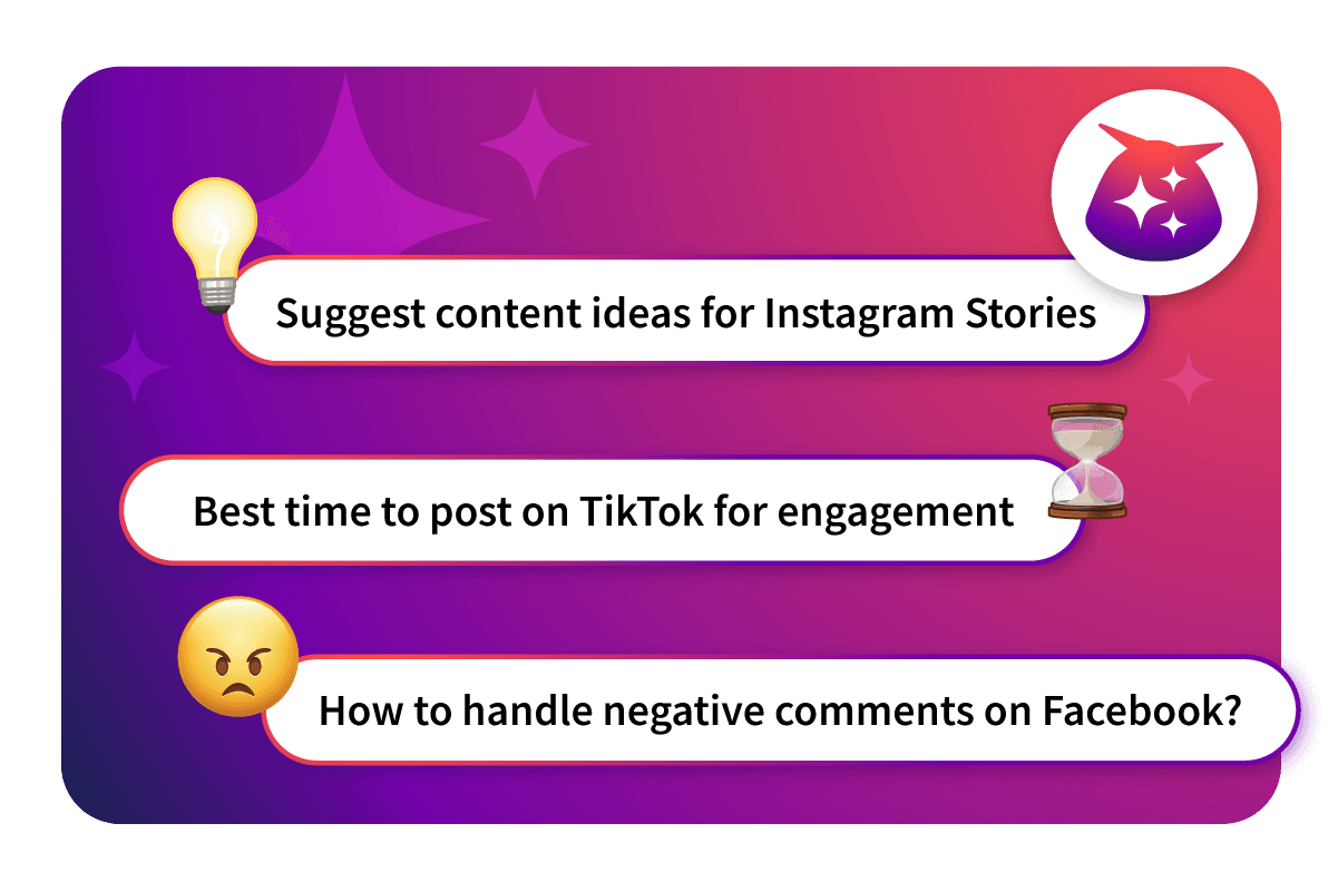 Social-Media-Suchoberfläche mit drei Fragen zu Instagram Stories, TikTok-Posting-Zeiten und der Verwaltung von Facebook-Kommentaren