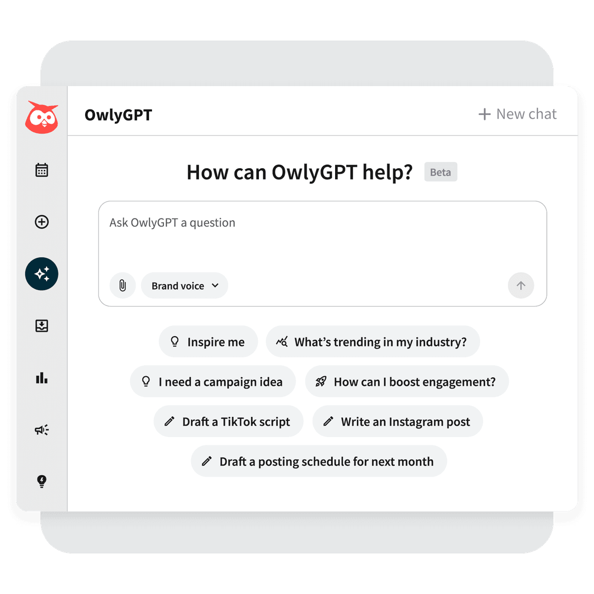 OwlyGPT-Benutzeroberfläche mit Chat-Eingabefeld und Vorschlägen für die Erstellung von Social-Media-Inhalten und die Kampagnenplanung