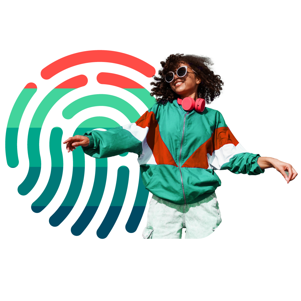 Person dancing with fingerprint icon in background