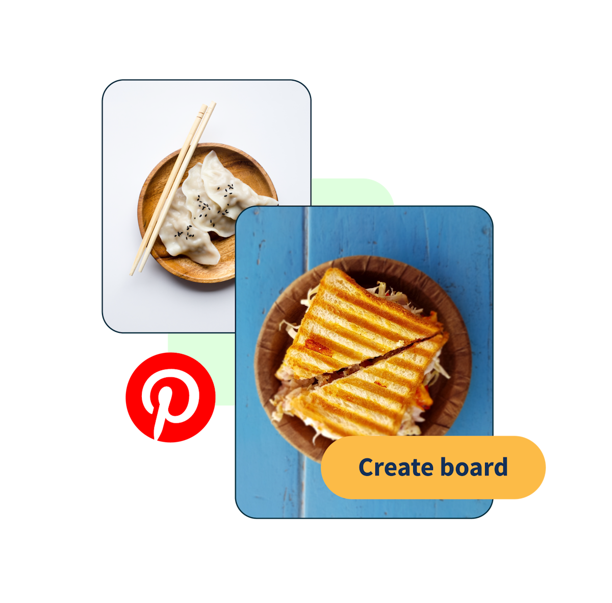 picture of a sandwich and dumplings, with a button popup saying "create board"